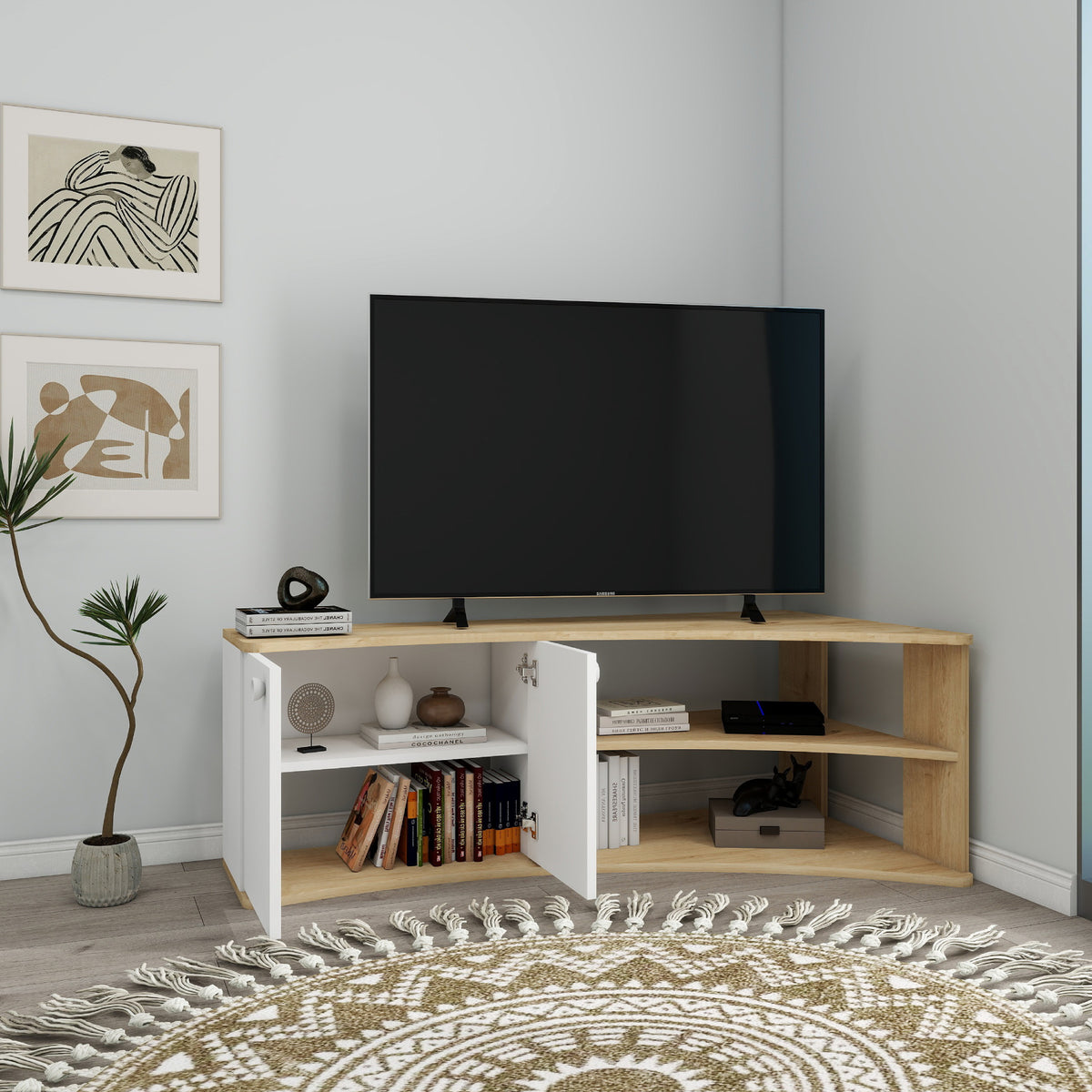 Termera Reversible Corner TV Stand with Storage for TVs up to 60 inches, Sapphire Oak & White