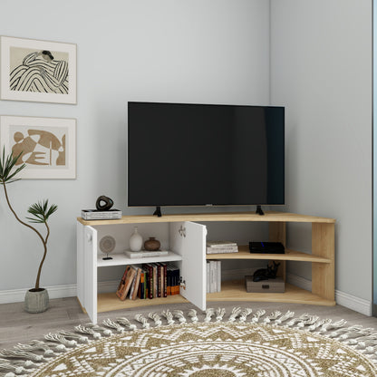 Termera Reversible Corner TV Stand with Storage for TVs up to 60 inches, Sapphire Oak & White