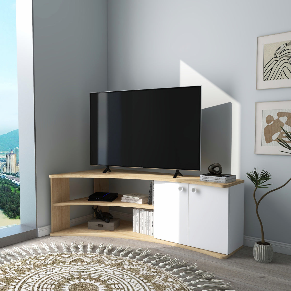 Termera Reversible Corner TV Stand with Storage for TVs up to 60 inches, Sapphire Oak & White