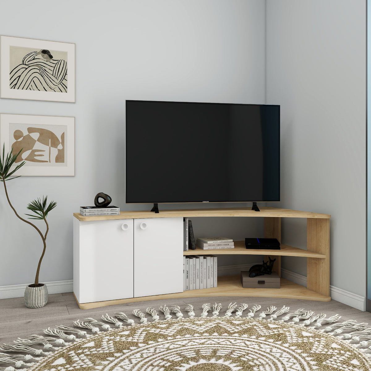 Termera Reversible Corner TV Stand with Storage for TVs up to 60 inches, Sapphire Oak & White