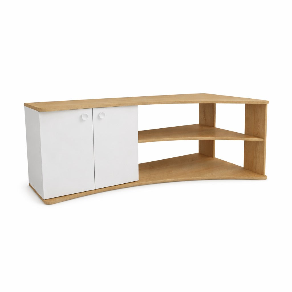 Termera Reversible Corner TV Stand with Storage for TVs up to 60 inches, Sapphire Oak & White