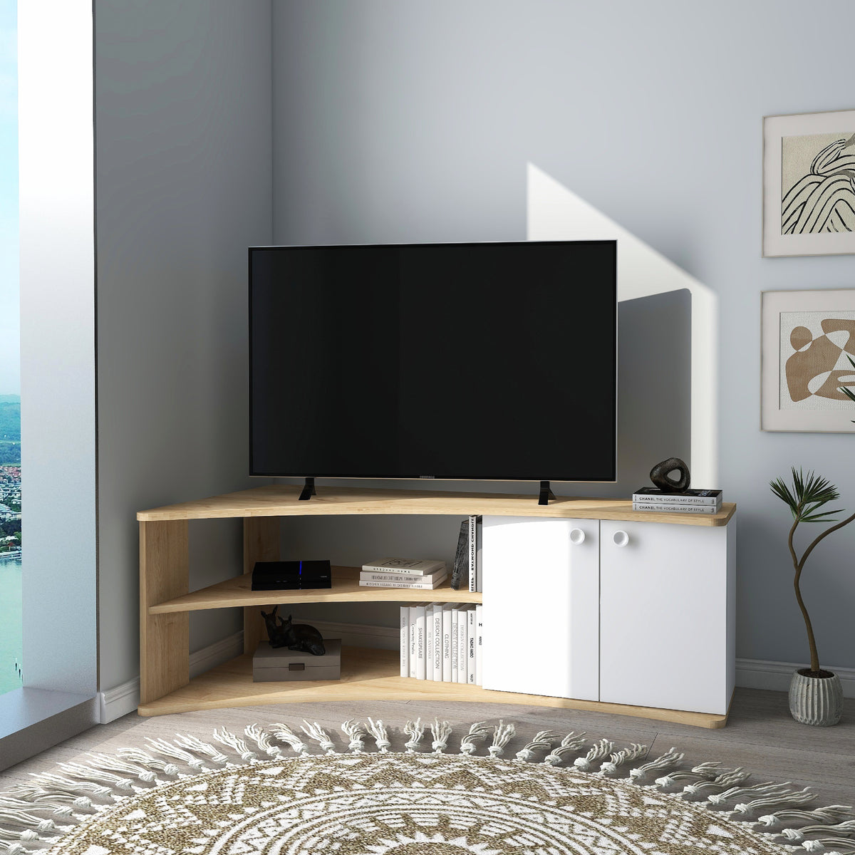 Termera Reversible Corner TV Stand with Storage for TVs up to 60 inches, Sapphire Oak & White