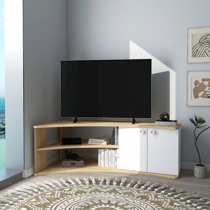 Termera Reversible Corner TV Stand with Storage for TVs up to 60 inches, Sapphire Oak & White