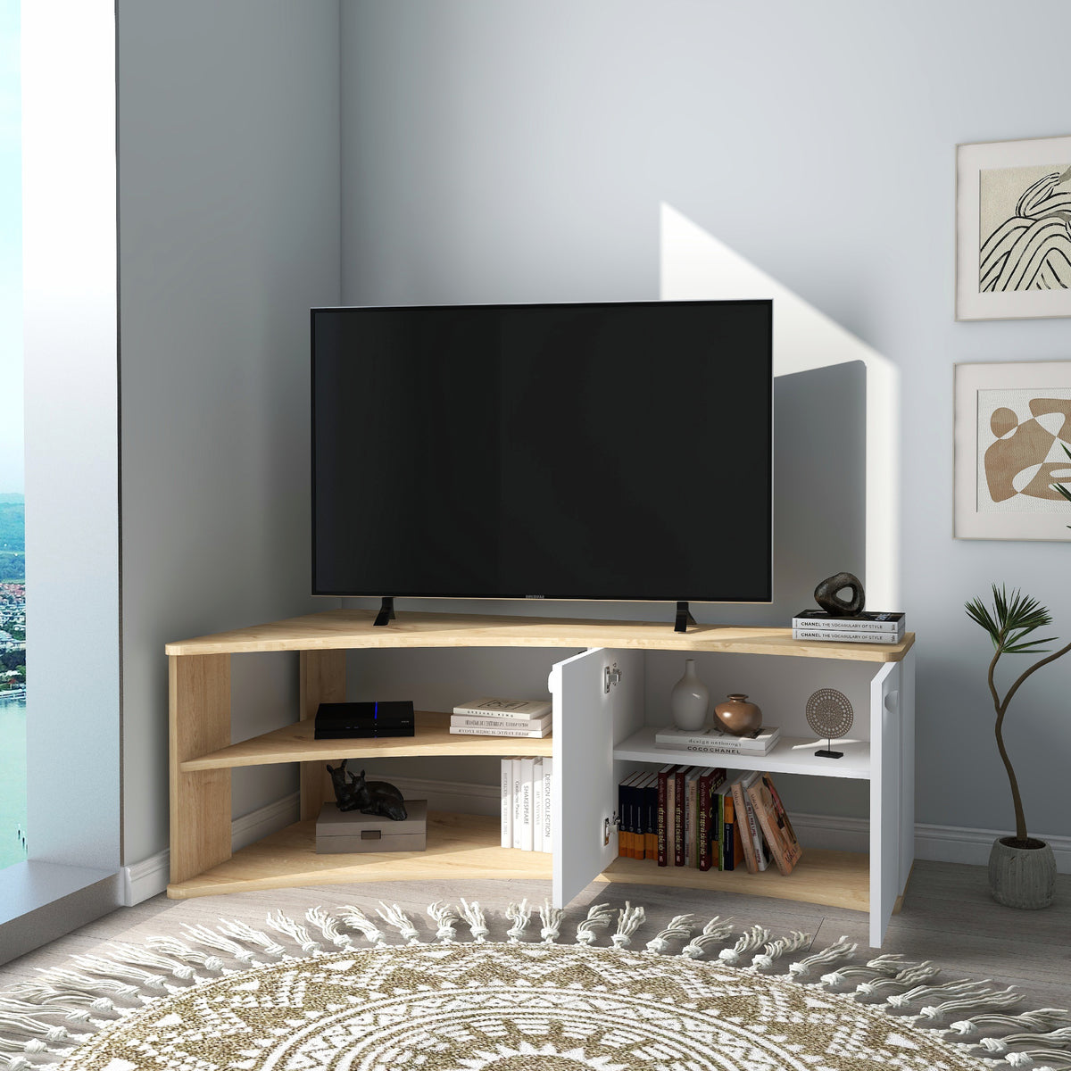 Termera Reversible Corner TV Stand with Storage for TVs up to 60 inches, Sapphire Oak & White