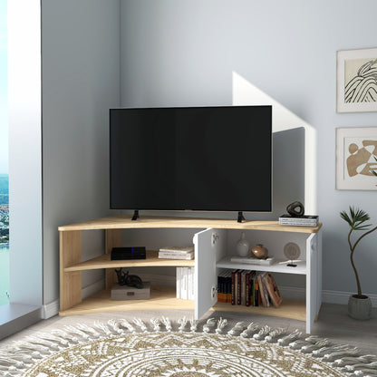 Termera Reversible Corner TV Stand with Storage for TVs up to 60 inches, Sapphire Oak & White