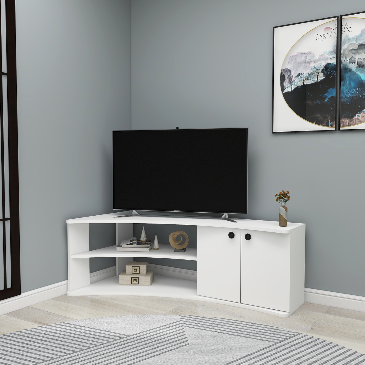 Termera Reversible Corner TV Stand with Storage for TVs up to 60 inches, White