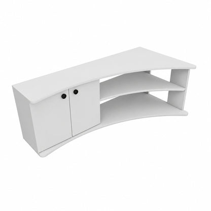A white curved media console with two cabinet doors on the left, featuring two open shelves in the center and a lower shelf, set against a plain white background.