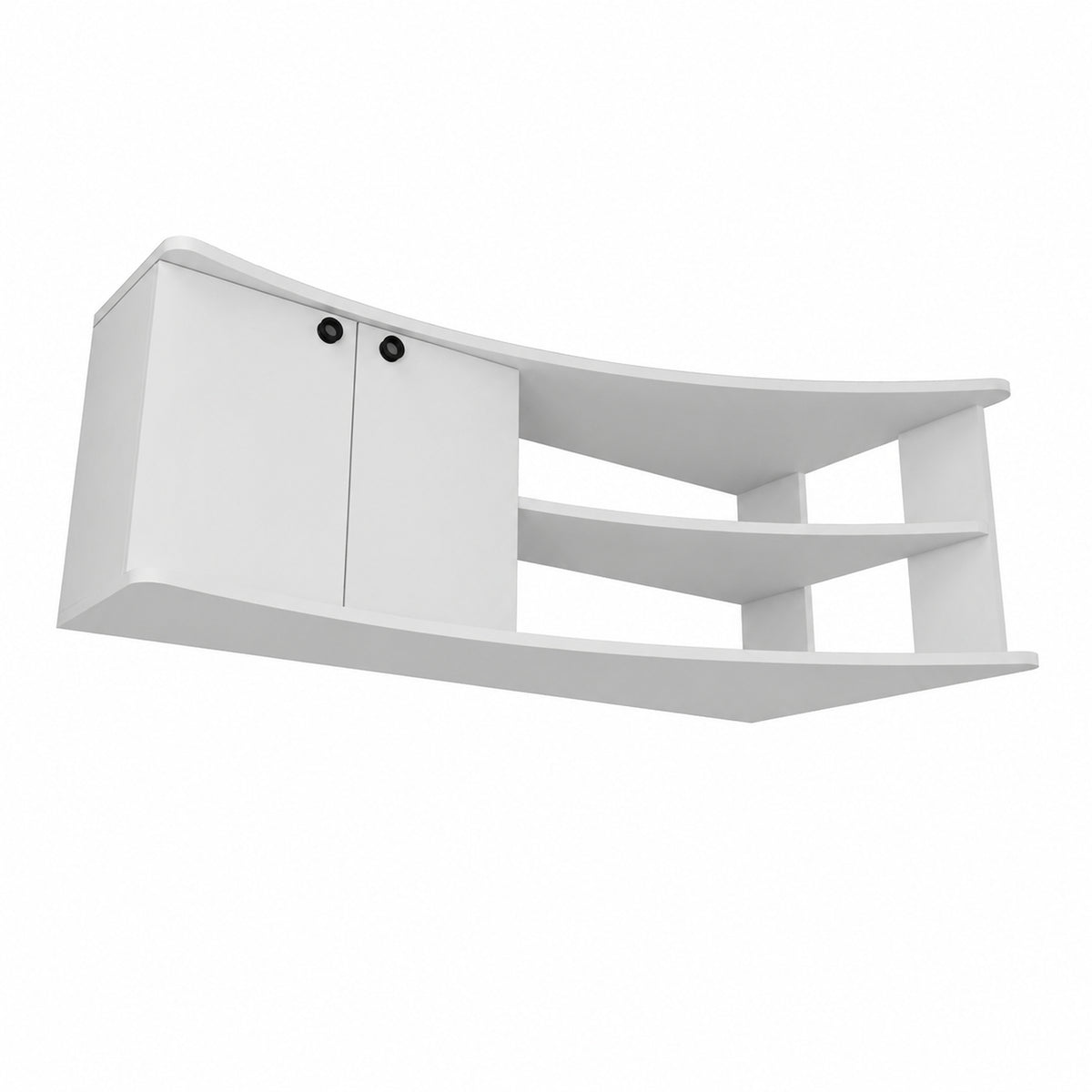 A modern white curved wall-mounted media console with two cabinet doors on the left, featuring small black round knobs, and three open shelves on the right, shown against a plain white background.