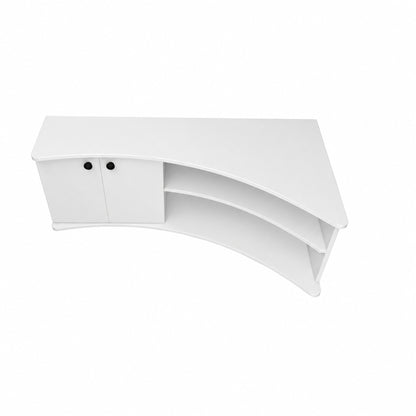 White curved corner TV stand with two cabinet doors on the left and open shelves on the right, shown on a plain white background.