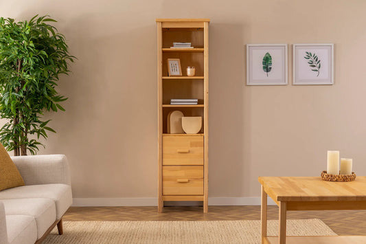 Estantería de madera maciza de pino hecha a mano, estantería con cajones y estantes de almacenamiento abiertos Dawn