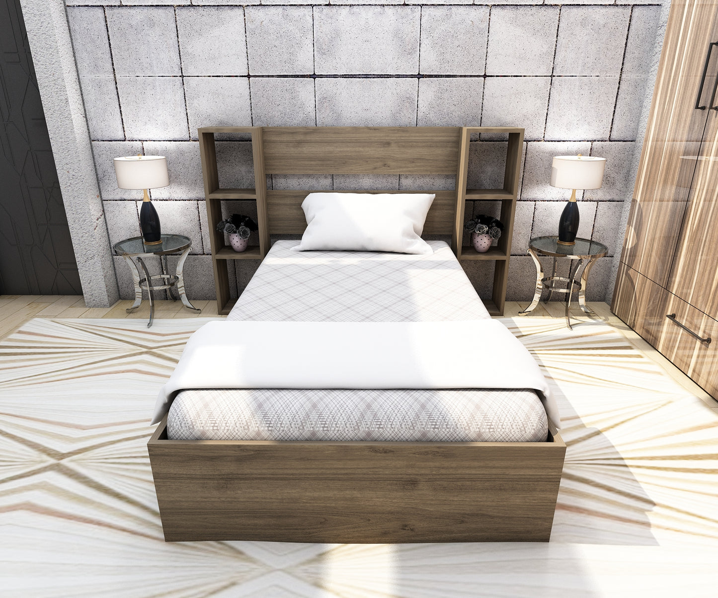 Smart Bedstead Bed Frame with Metal Slats and Storage Shelves