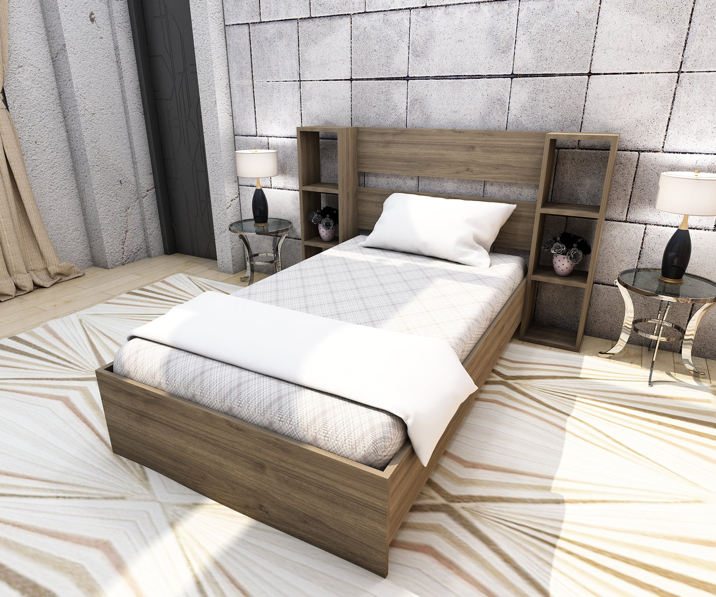 Smart Bedstead Bed Frame with Metal Slats and Storage Shelves