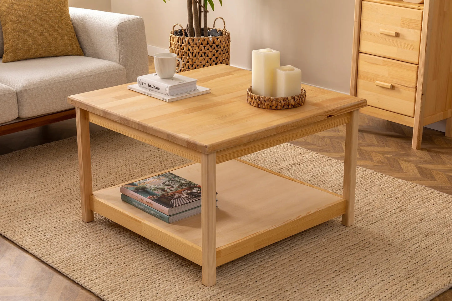 Solid Pine Wood Handmade Coffee Table with Storage Shelf for Living Room, Home & Office Dawn