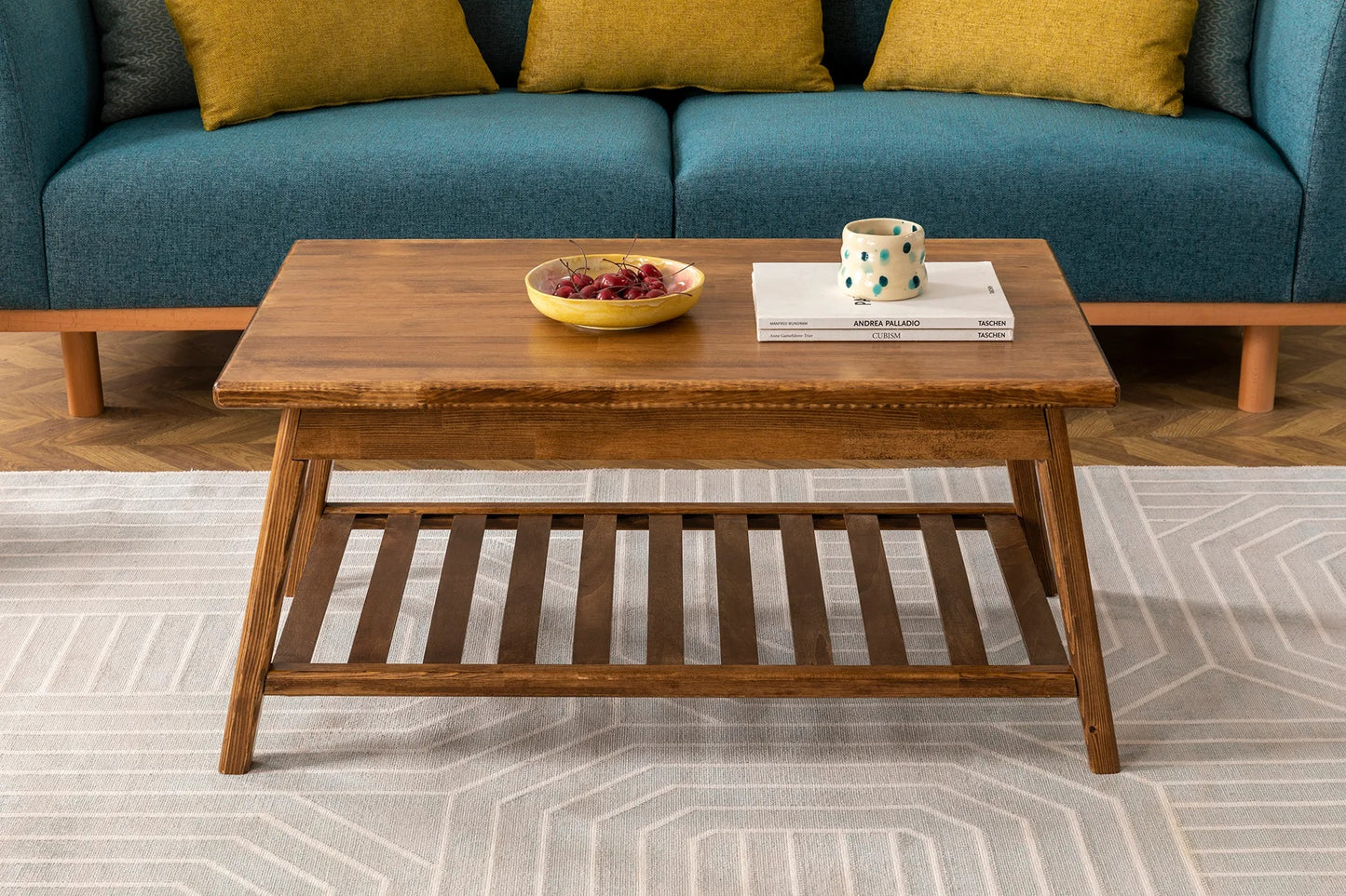 Solid Pine Wood Handmade Coffee Table with Storage Shelf Ayla