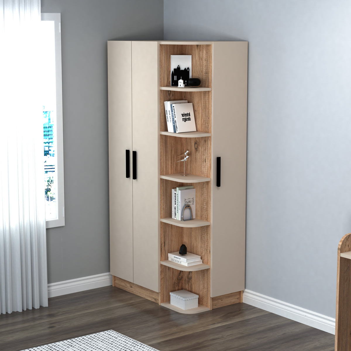 Eva 3 door corner wardrobe-Atlantic Pine & Beige–H: 180cm x D: 50cm x W: 90cm