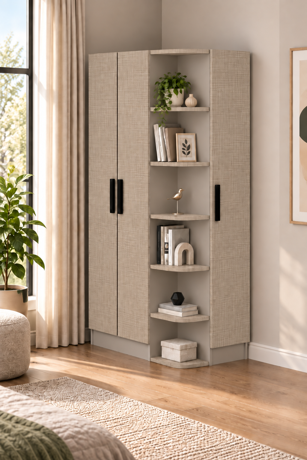 Grimo Luses corner wardrobe closet in cotton beige with 3 hinged doors and open shelves