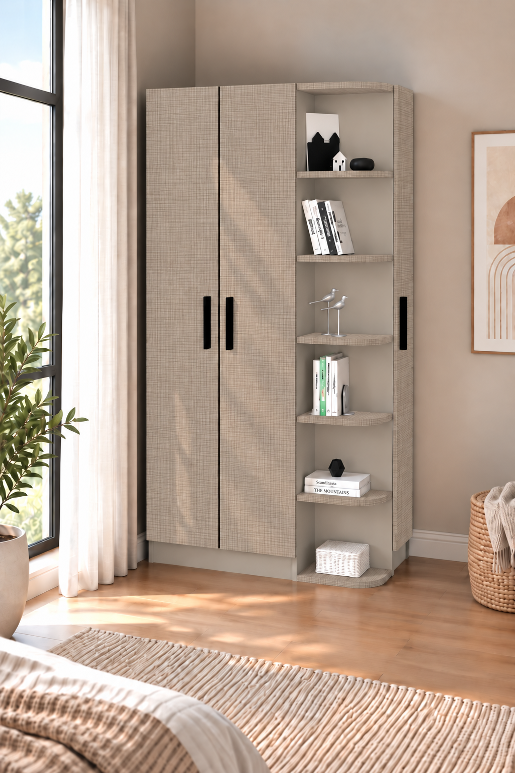Full view of Luses right-side corner wardrobe with shelves and hanging rail