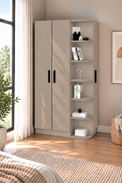 Full view of Luses right-side corner wardrobe with shelves and hanging rail