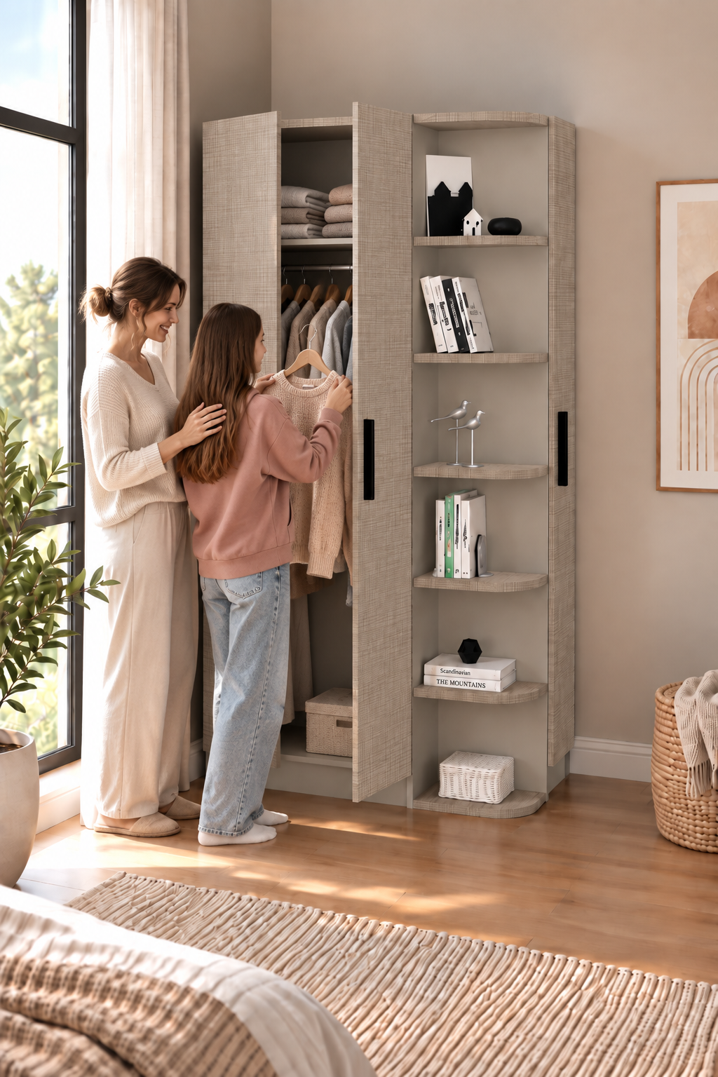 Interior view of Luses corner wardrobe showing 6 open shelves and hanging rail