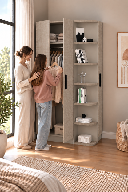 Interior view of Luses corner wardrobe showing 6 open shelves and hanging rail