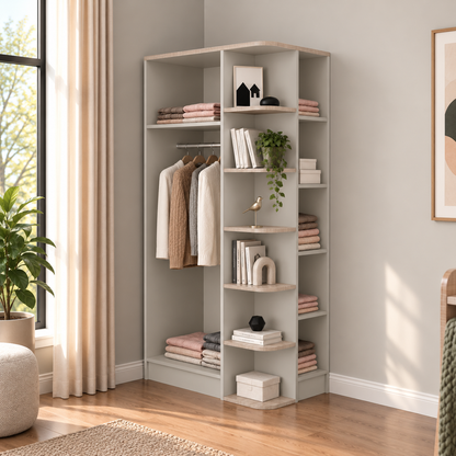 Luses corner wardrobe styled in a modern bedroom interior