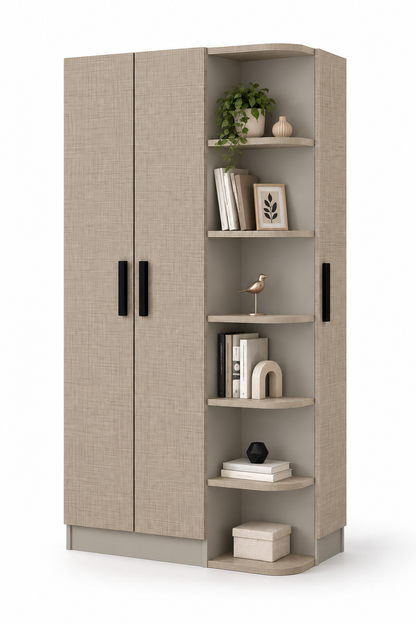 Close-up of Luses corner wardrobe 7 closed storage cabinets with plastic handles