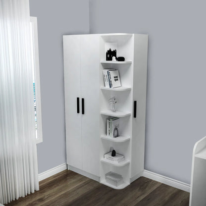 IKEA PAX white wardrobe, tall, rectangular corner unit. Three hinged doors, 6-tier open shelves, white - front view 