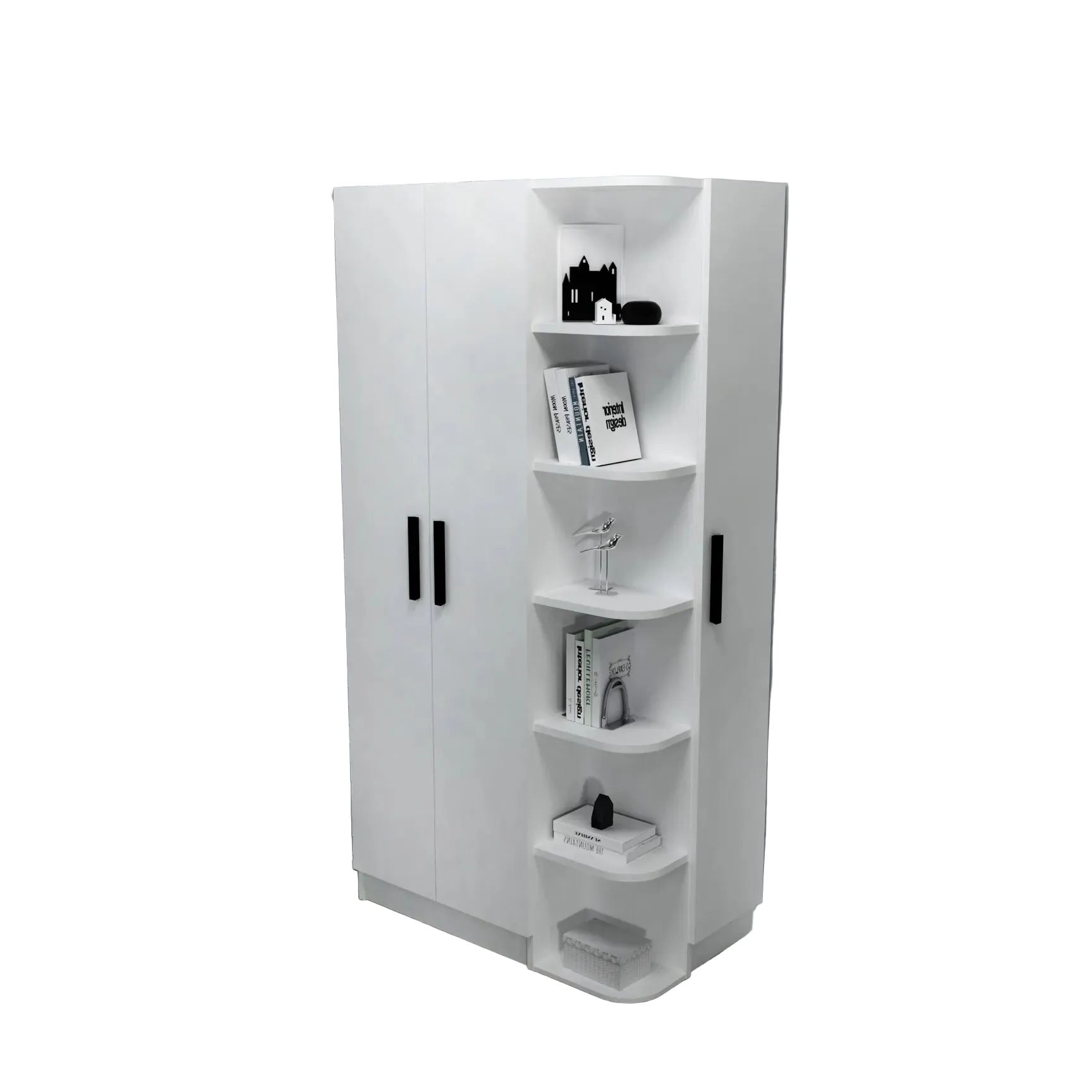 White cabinet with shelves on a white background