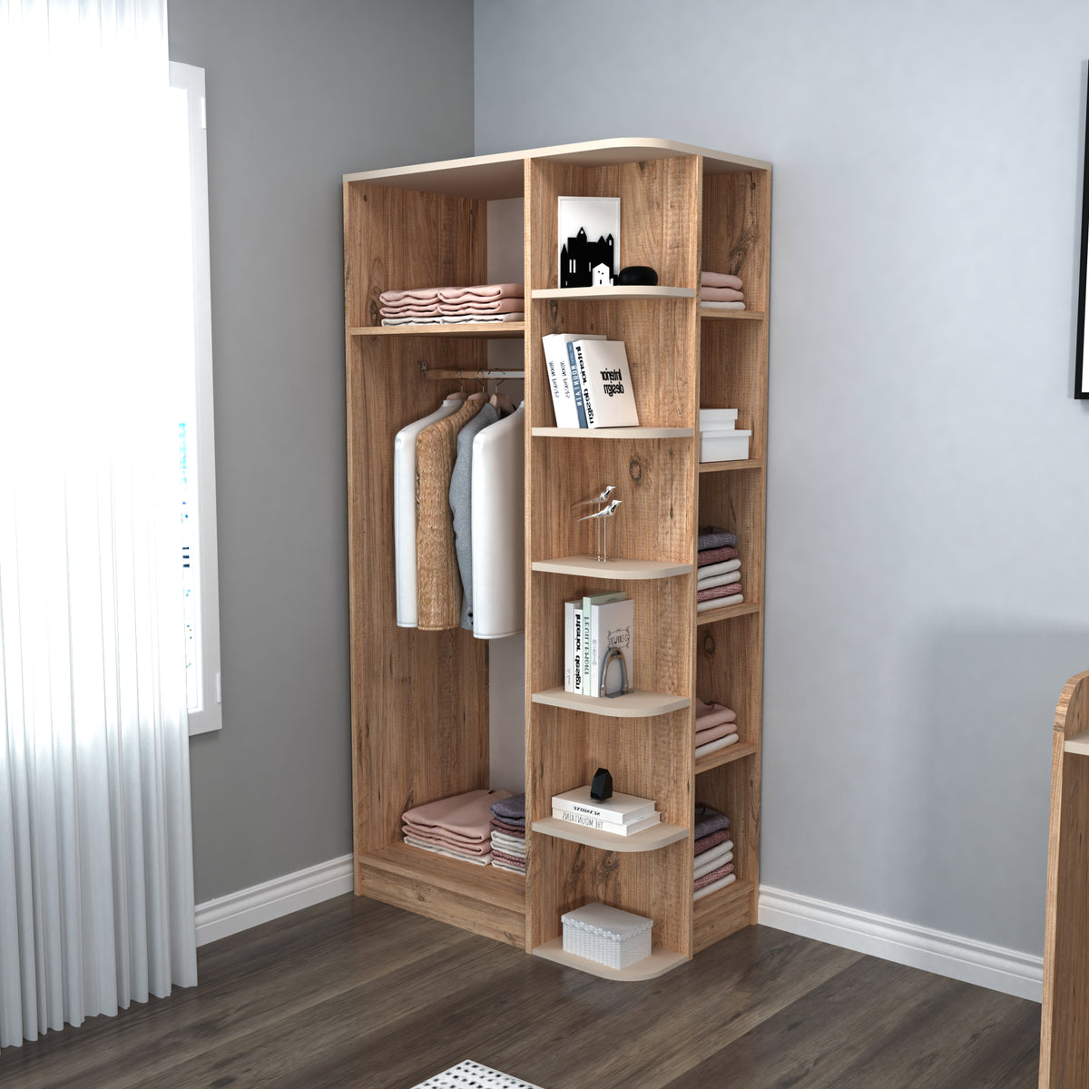 Metal clothes hanging rail inside Luses corner wardrobe