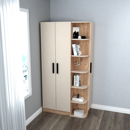 Organised open shelves inside Luses corner wardrobe closet