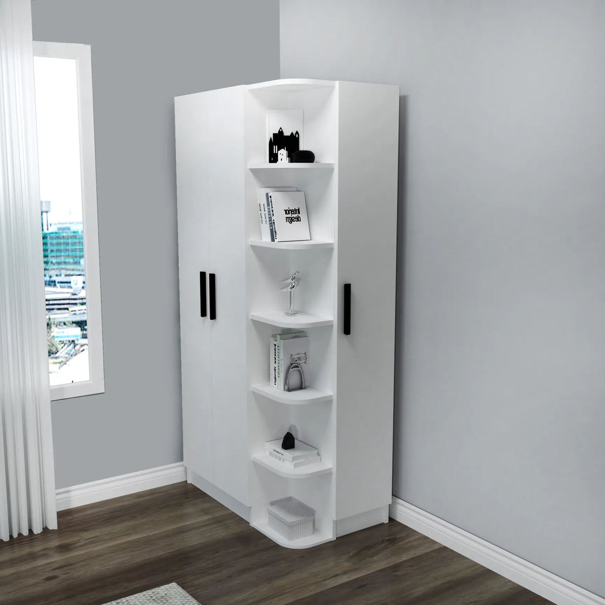 Interior of white Luses wardrobe showing closed cabinet compartments