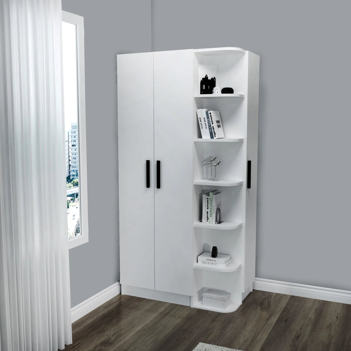 White Luses corner wardrobe with 6 open shelves and hanging rail