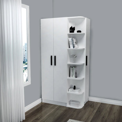 White Luses corner wardrobe with 6 open shelves and hanging rail