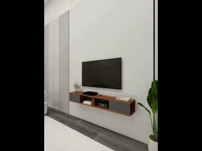 Meuble TV flottant mural Mayer 140 cm pour téléviseurs jusqu'à 60", meuble média moderne avec 4 étagères ouvertes et double gestion des câbles