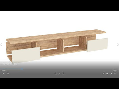Meuble TV flottant mural Mayer 140 cm pour téléviseurs jusqu'à 60", meuble média moderne avec 4 étagères ouvertes et double gestion des câbles