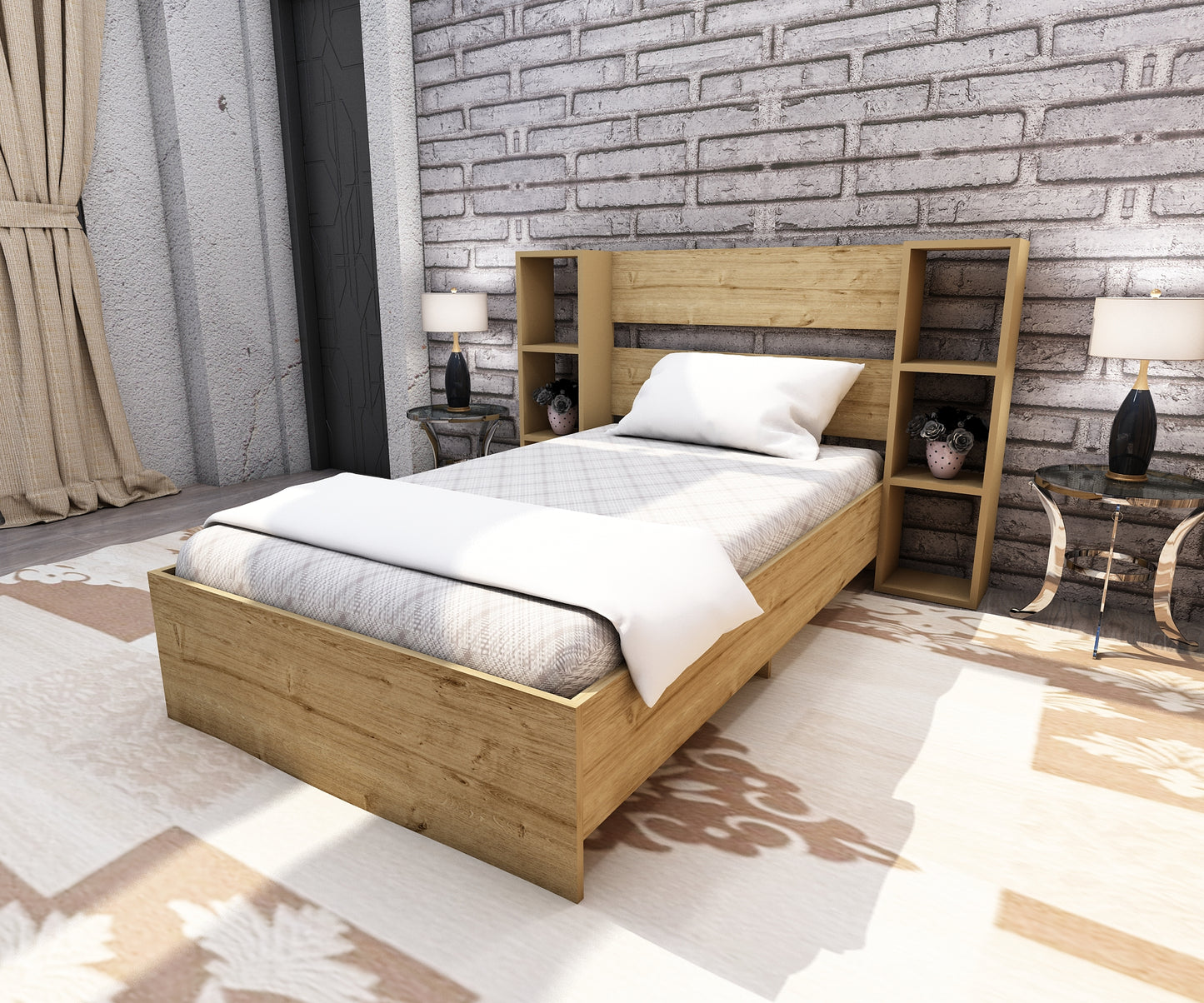 Smart Bedstead Bed Frame with Metal Slats and Storage Shelves