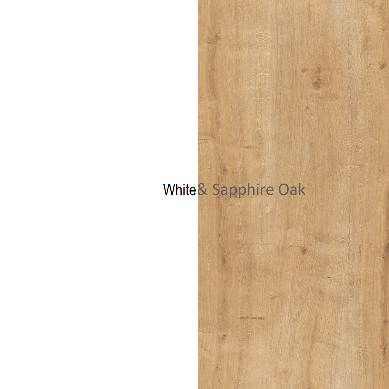 Wooden panel with 'White & Sapphire Oak' text on a white background