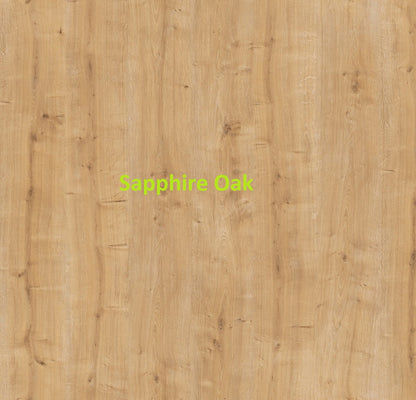 Wooden surface with 'Sapphire Oak' text in green.