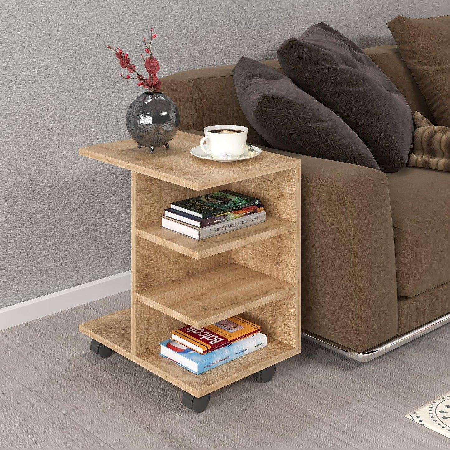 Barny Coffee Table with Storage Shelves and Wheels - Destina Home
