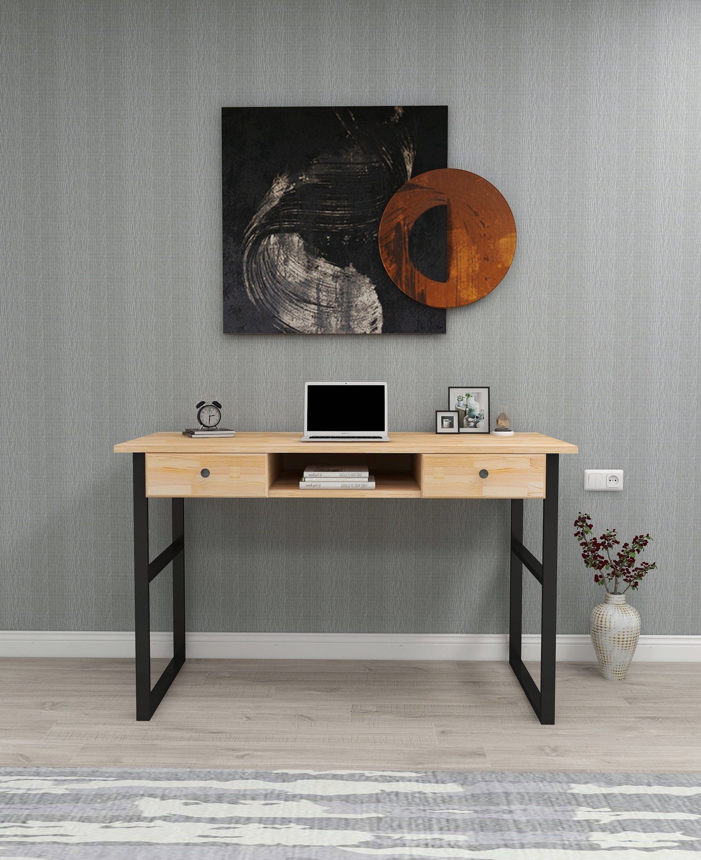 Solid Pine Wood Metal Frame Handmade Computer Desk with Drawers Elowen