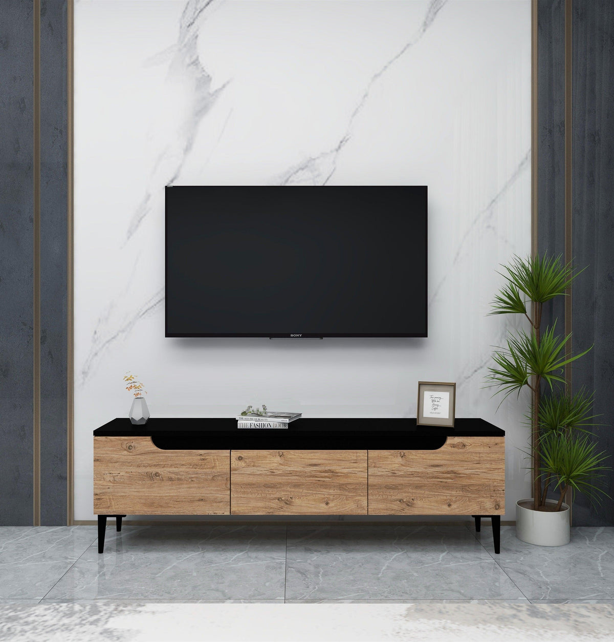 Karya TV Stand with 3 Cabinets & Doors Fits TVs up to 65 inches