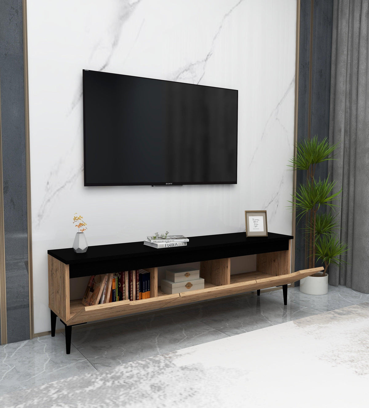 Karya TV Stand with 3 Cabinets & Doors Fits TVs up to 65 inches - Atlantic Pine & Anthracite - Destina Home