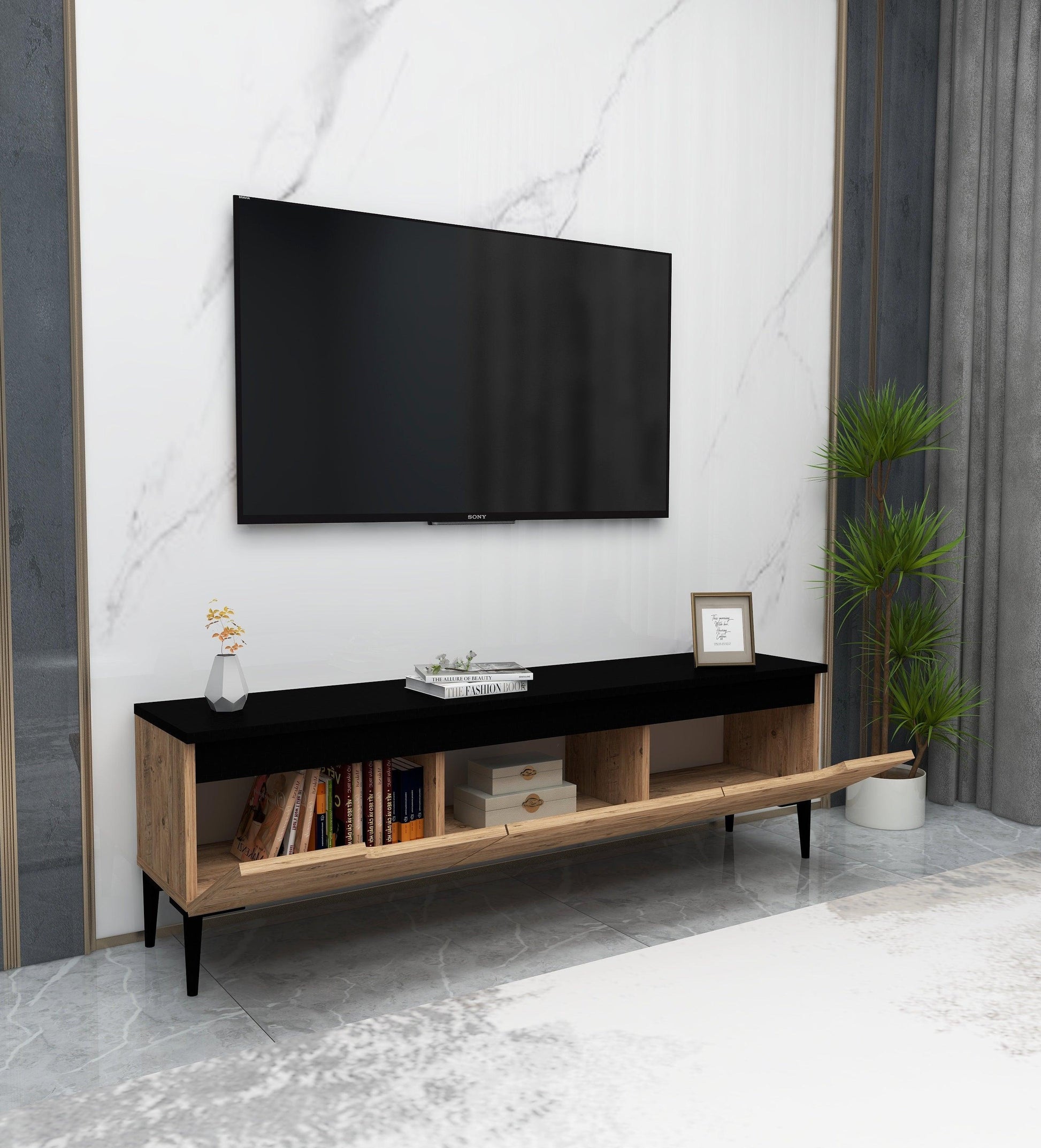 Karya TV Stand with 3 Cabinets & Doors Fits TVs up to 65 inches - Atlantic Pine & Anthracite - Destina Home