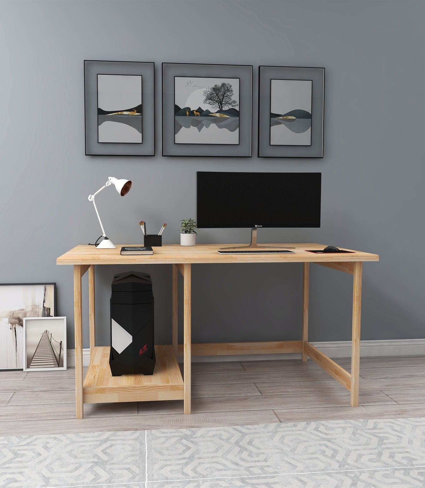 Faye Solid Pine Wood Wood Handmade Computer Desk with Shelf