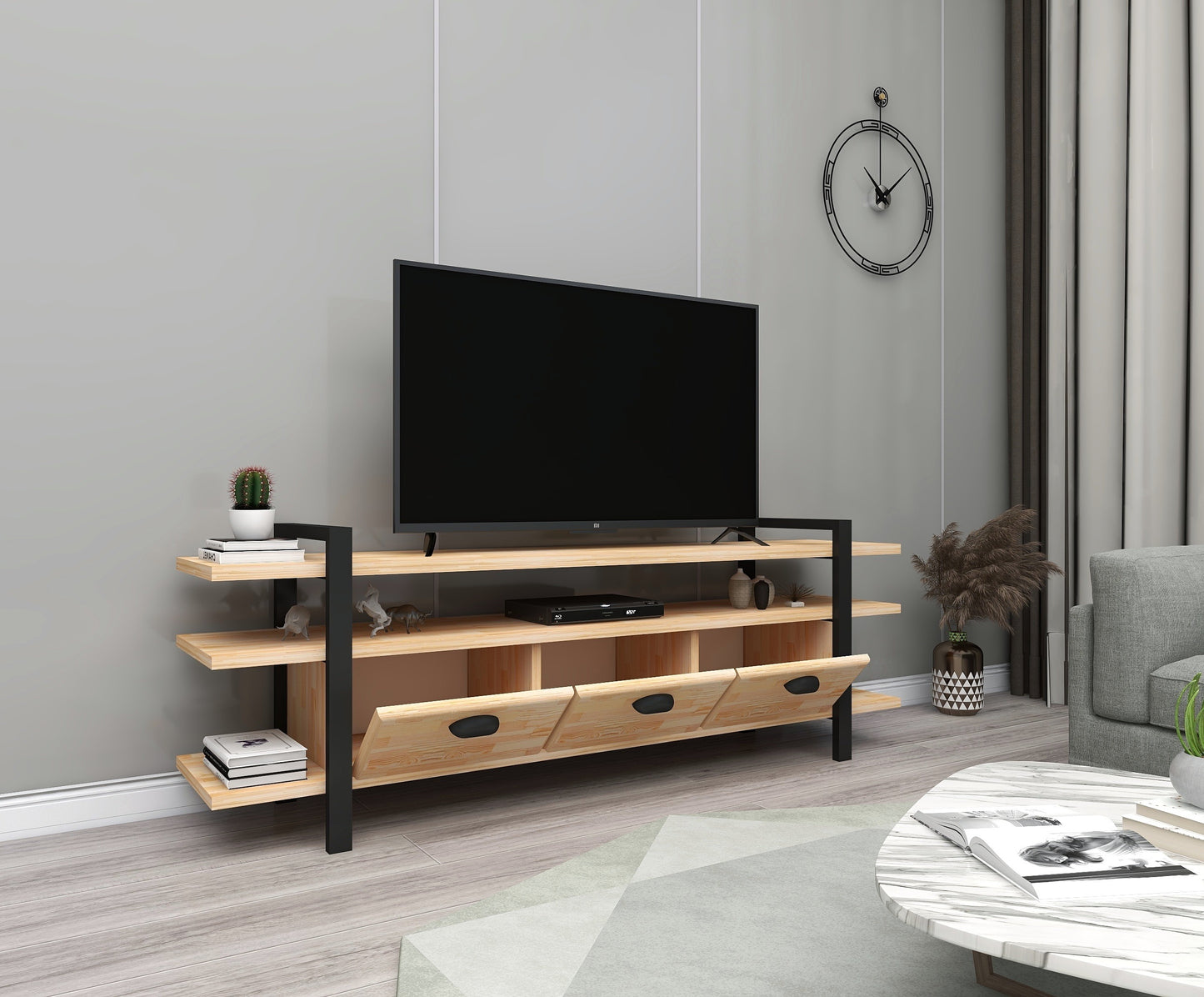 Handmade Solid Pine Wood Metal TV Stand and Media Console Miles