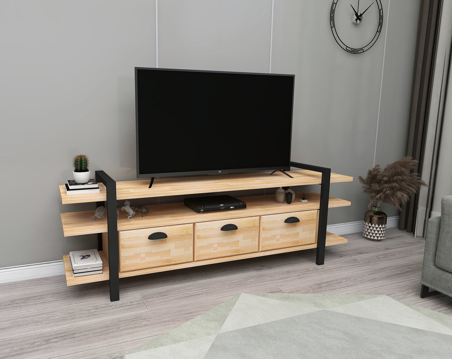 Handmade Solid Pine Wood Metal TV Stand and Media Console Miles