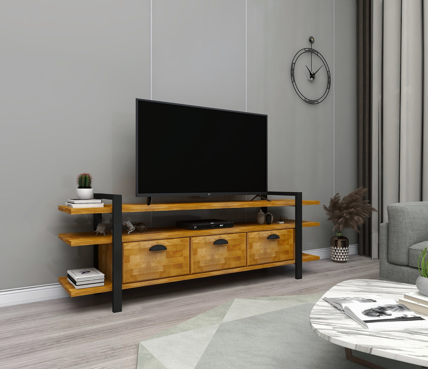 Handmade Solid Pine Wood Metal TV Stand and Media Console Miles