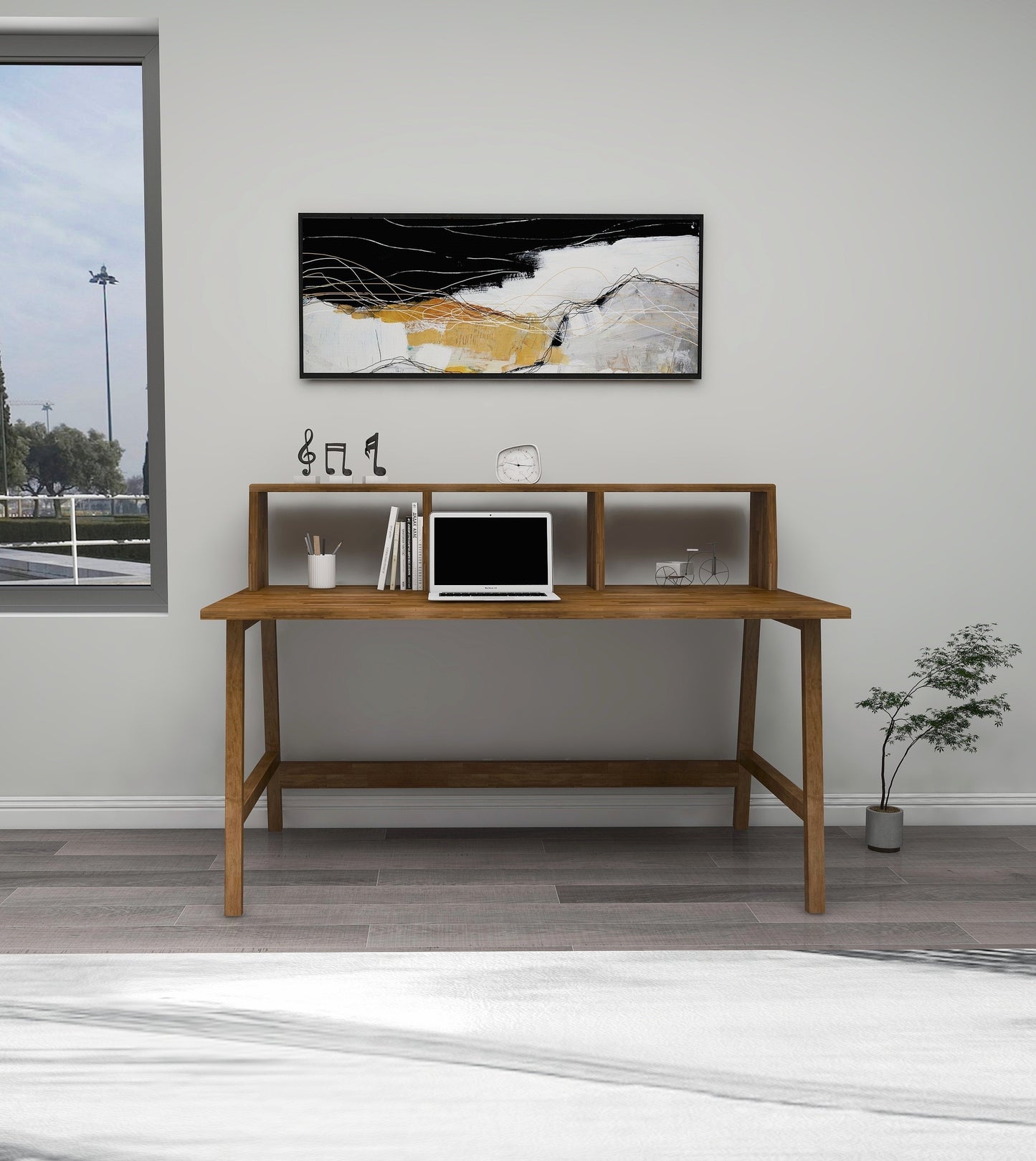Lumi Solid Pine Wood Handmade Computer Desk with Front Bar Shelf