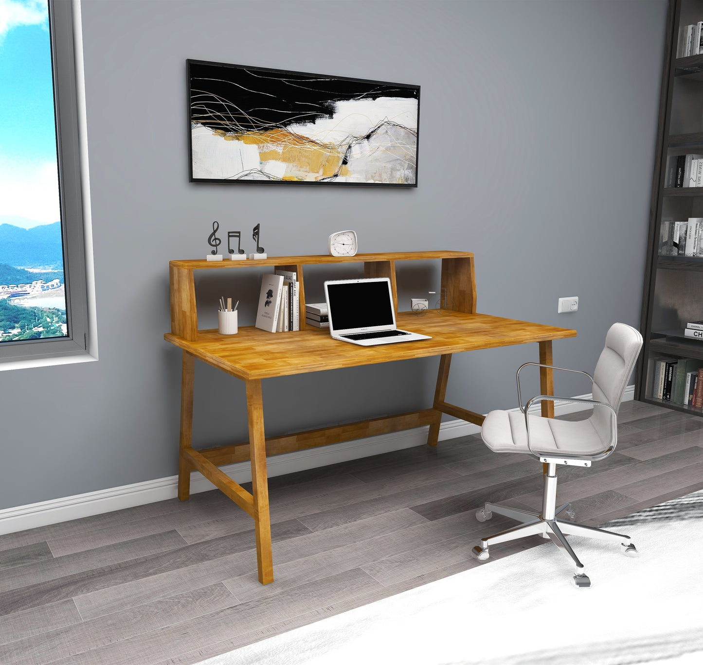 Solid Pine Wood Handmade Computer Desk with Front Bar Shelf Lumi