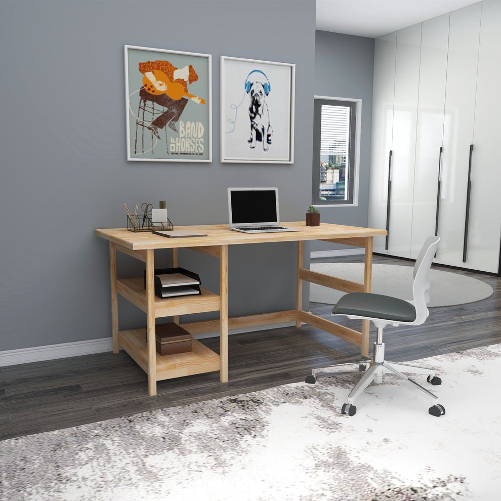 Computer Desk with Shelves Mira Solid Pine Wood Handmade – Destina Home
